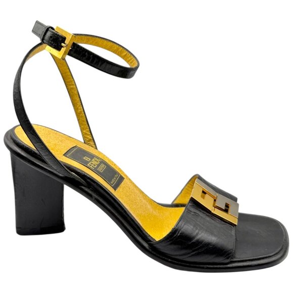Fendi Shoes - Fendi FF Logo Black Leather Ankle Strap Heels Sandals IT 36 Gold Silver Hardware